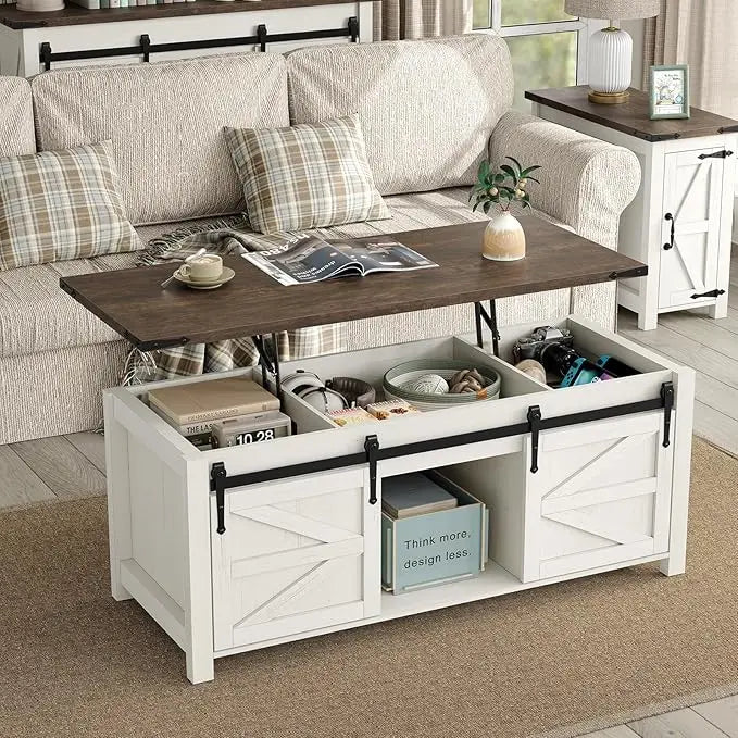 47.3-inch Farmhouse-style Coffee Table with Sliding Barn Door, Modern Wooden Height-adjustable Coffee Table,Customizable