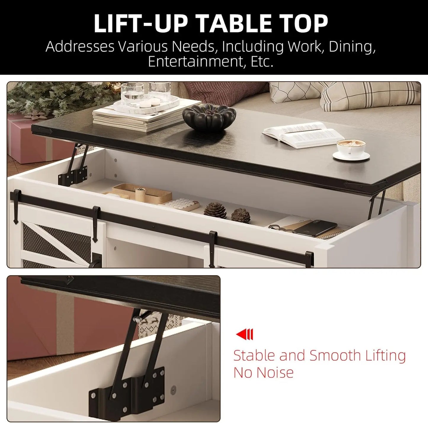 Lift Top Coffee Table with Sliding Barn Doors Large Storage Compartment Rectangle Entryway Desktop for Living Room Home Office