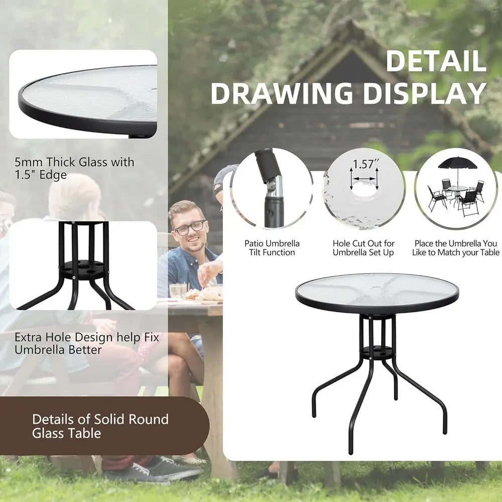 6 Piece olding Patio Dining Set,Small Metal Outdoor Garden Patio Table and Chair Set w/Umbrella or Lawn,Deck,Backyard,Black
