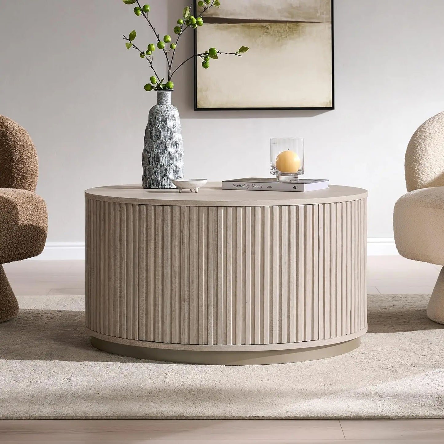 33" Round Coffee Table with Storage, Fluted Drum Coffee Table, Hidden Push-to-Open Drawer, Natural Oak, Custom