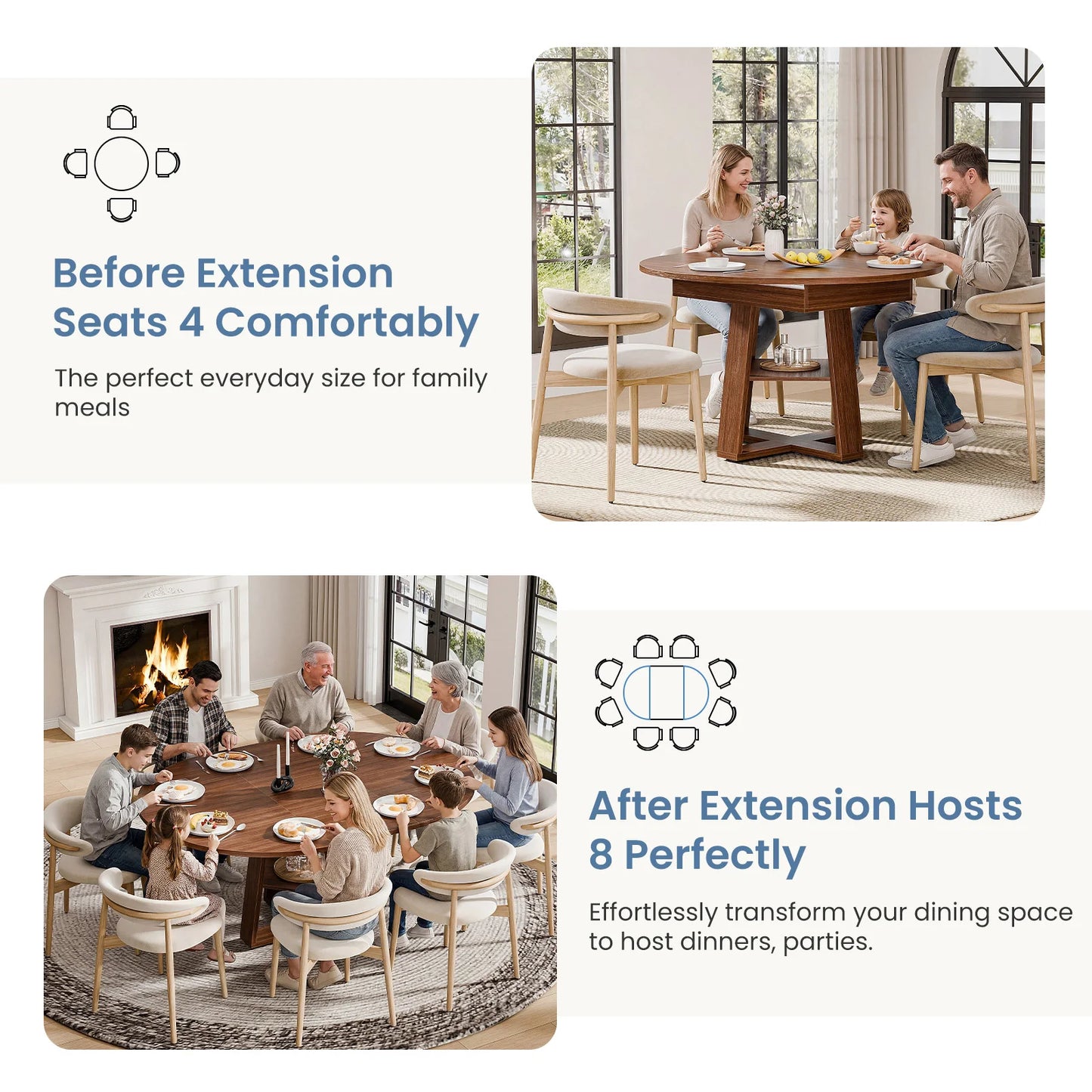 JHK Extendable Wood Round Dining Table Modern Kitchen Oval Dinner Table with Storage Shelf Pedestal Base Space Saving For Home