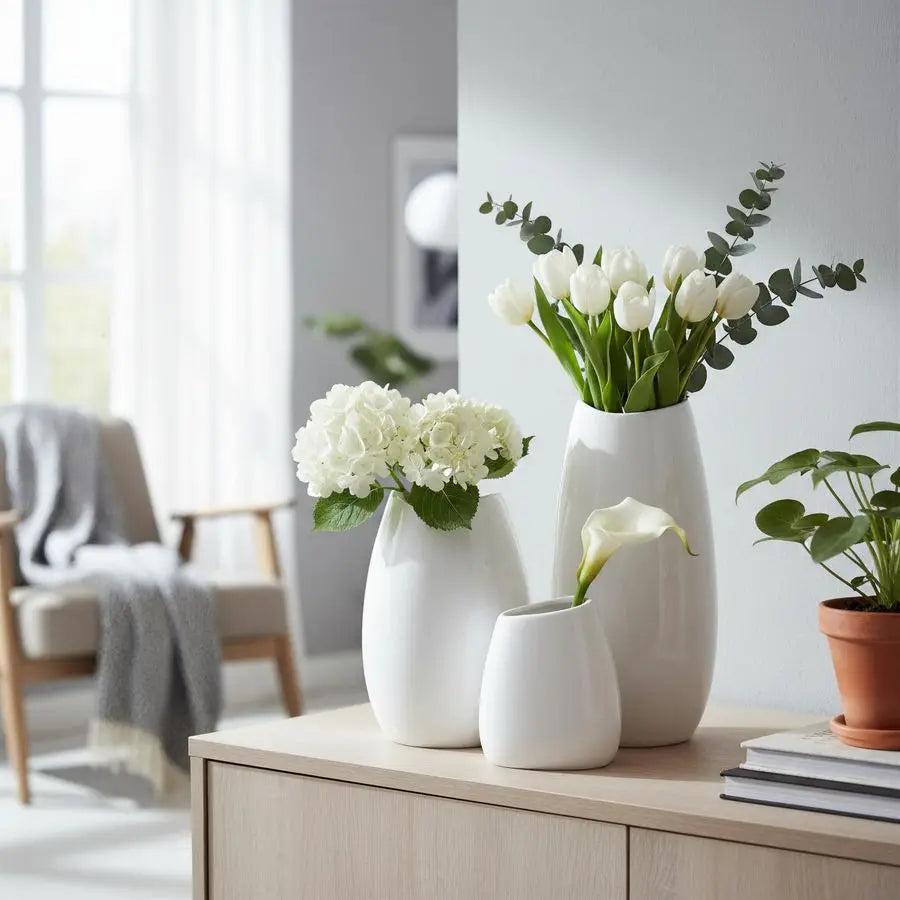 Ceramic Vase Set of 3 White Flower Vase for Home Decor, Modern Decorative Vases for Flowers Ideal Shelf Decor Table Living Room