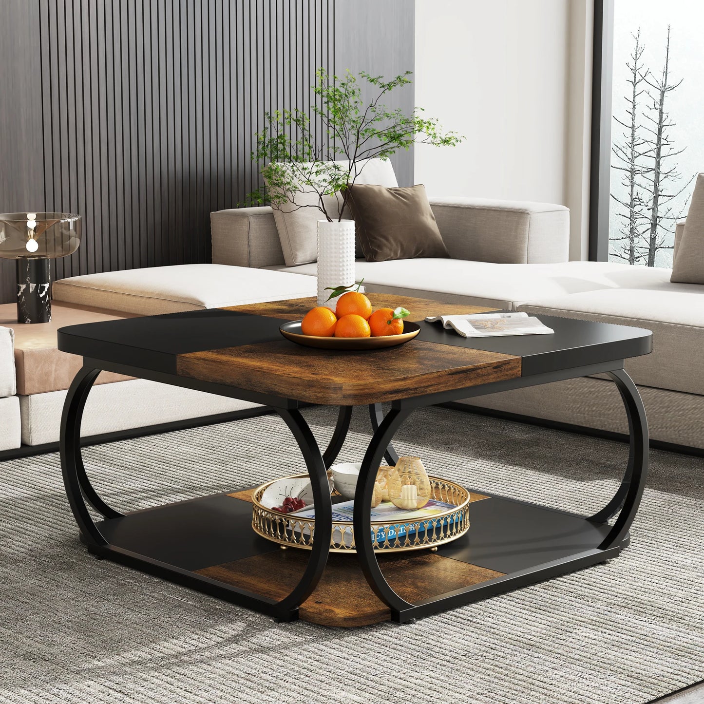 Square Coffee Table with 2 Tiers, 40 inches Low Farmhouse Coffee Table with Wood Storage Shelf Heavy Duty Metal Curve