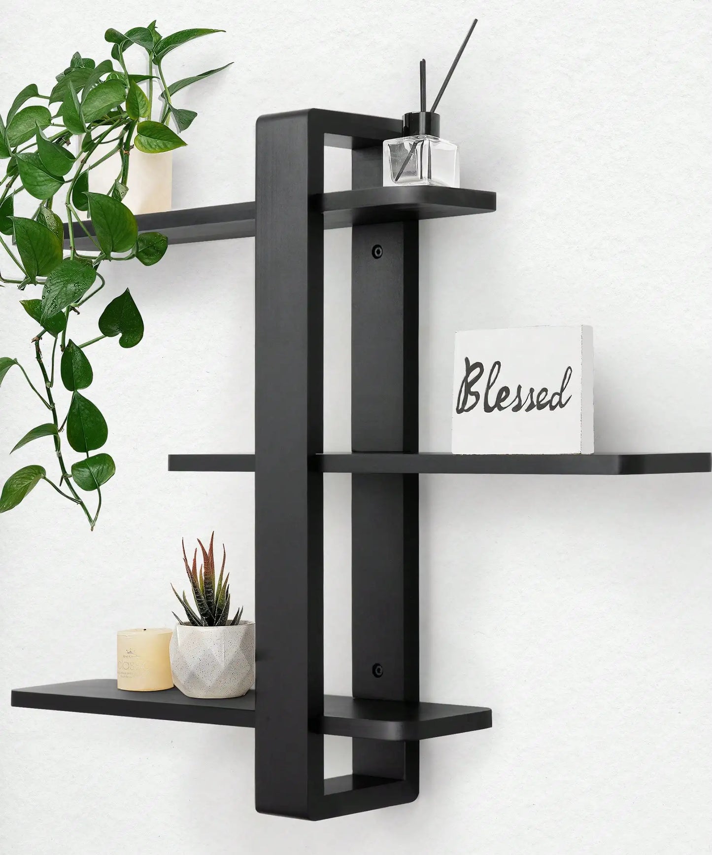 Mid-Century Modern Floating Shelves Set - 3-Tier Walnut Finish Large Wall Shelf, 20in Plant & Photo Display Storage For Living