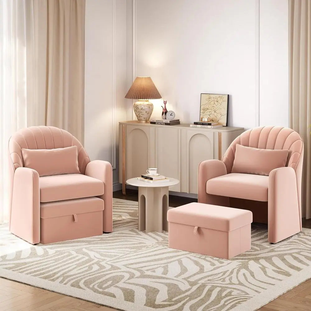 Small Barrel Accent Chair with ootrest Set o 2, Velvet ern Comy Cute Elegant Reading Chairs with Lumbar Pillow Storage Box or Li