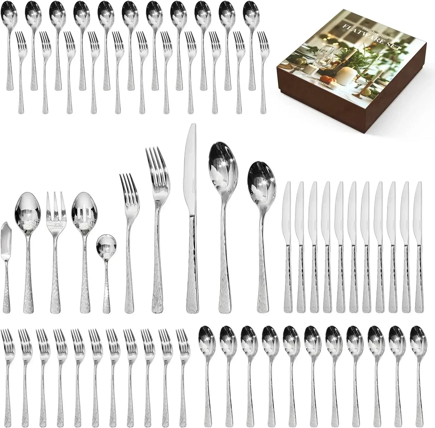 Hammered Silverware Set, Flatware Set with Serving Utensils, 18/10 Stainless Steel Premium Cutlery with Unique Ripple Handles De