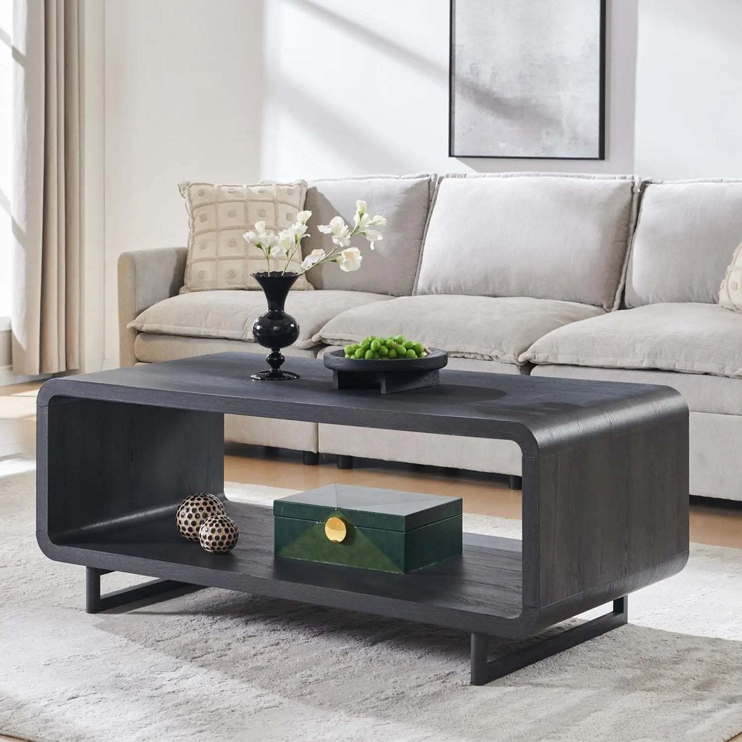 48" Modern Coffee Table, 2-Tier Minimalist Center Table with Storage Shelf, Curved Profile Design, Wooden, Customized