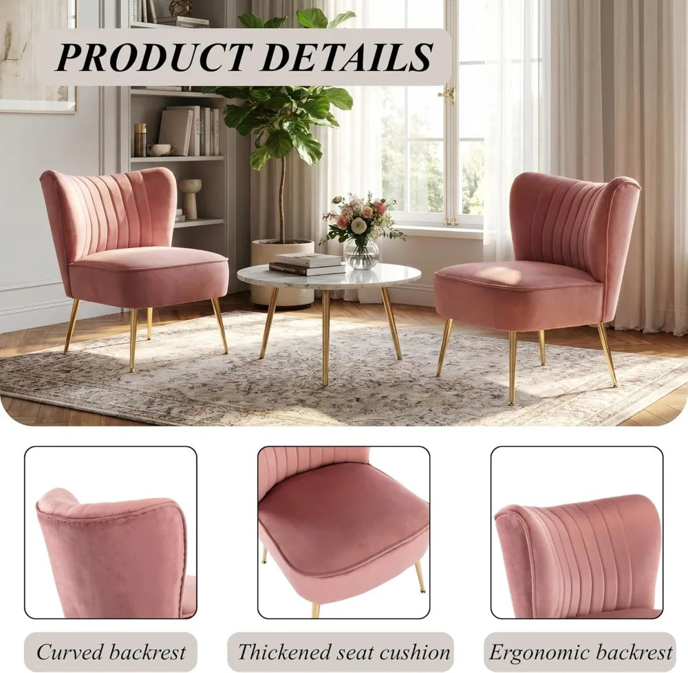 Velvet Accent Chairs Set of 2 Armless Slipper Chair with Golden Legs Mid Century Side Single Sofa for Living Room Bedroom Pink