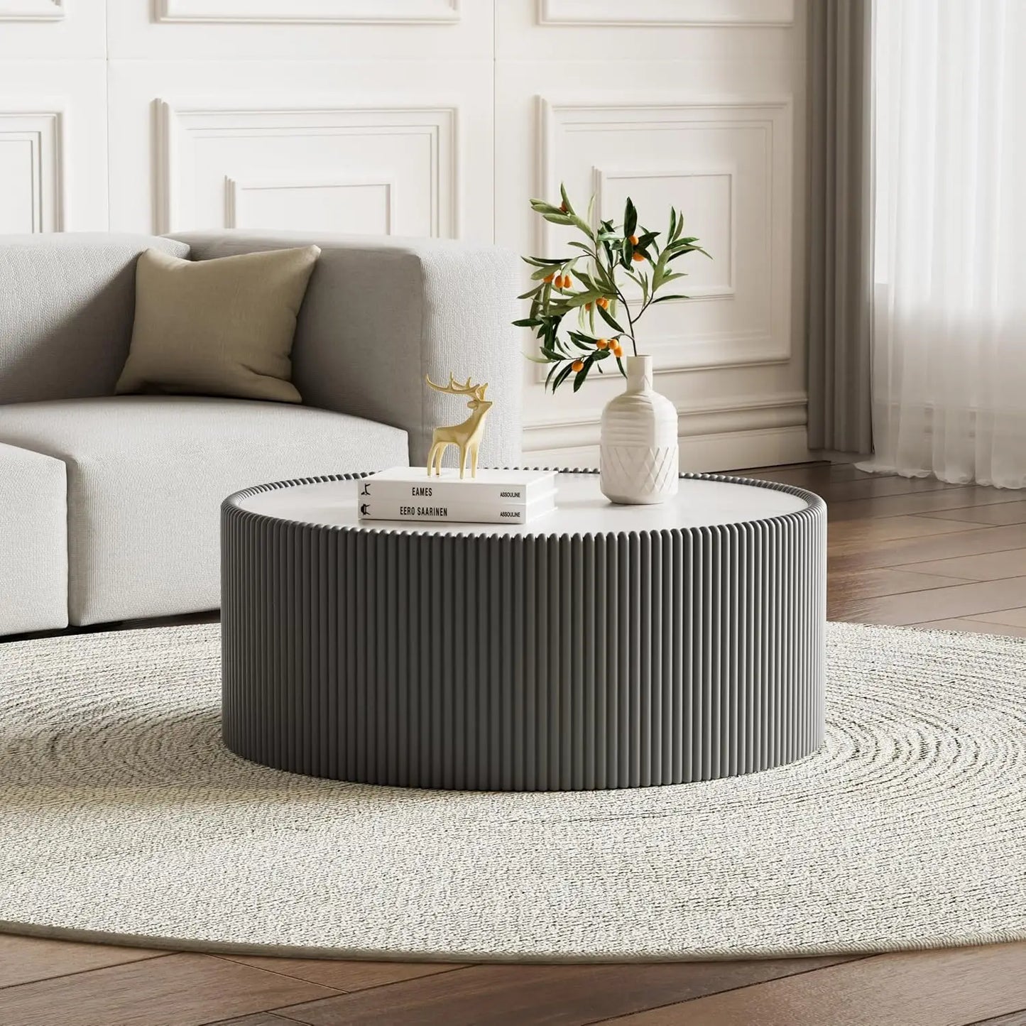 Round Grey 2-Piece Coffee Table Set 29.5in & 17.7in Sintered Stone Top Fluted PU Leather Base Living Room, Customized