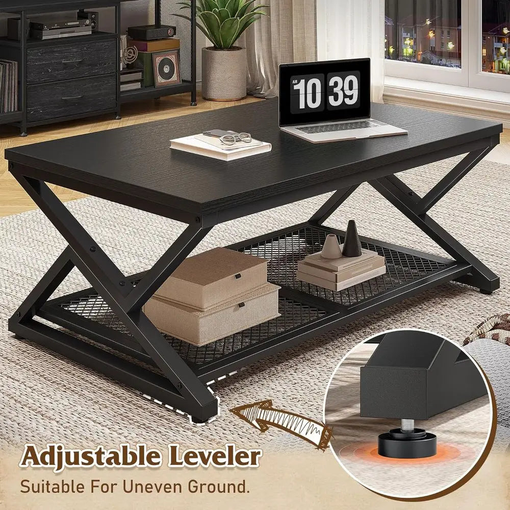 Black Oak 39.4 2-Tier Coffee Table with Storage for Living Room and Bedroom