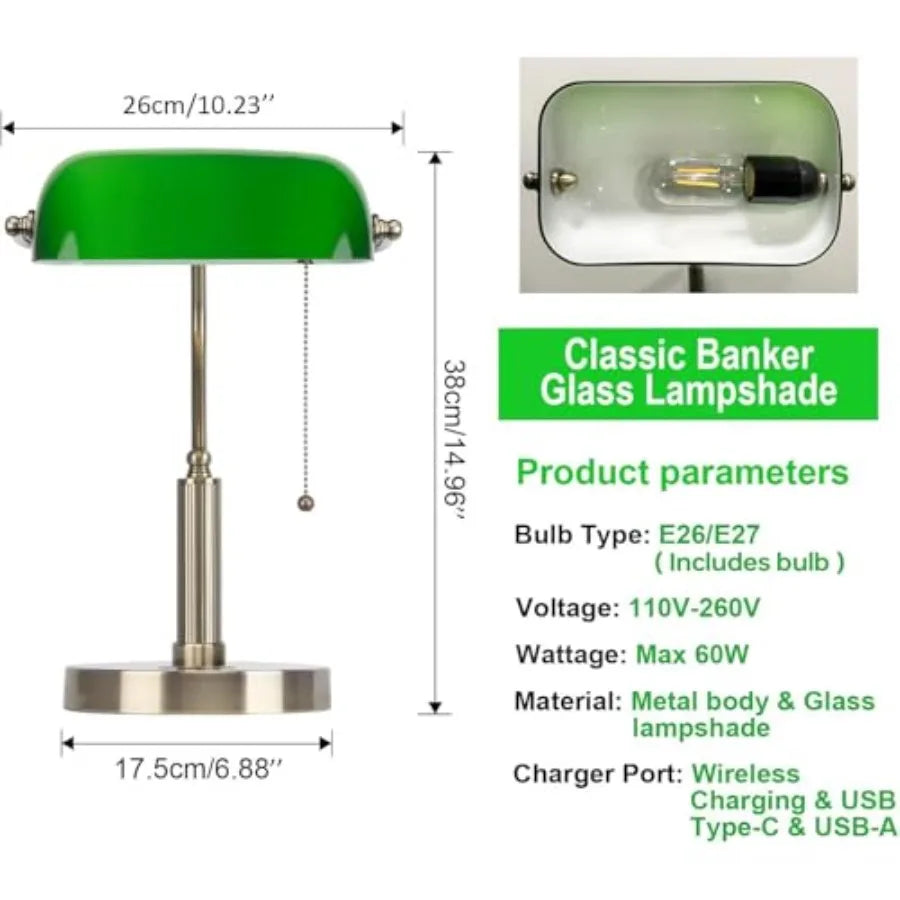 Glass Bankers Desk Lamp with Wireless Charger, 2 USB Charging Port, Vintage Desk Lamp with Pull Chain Switch, Retro Table Lamps