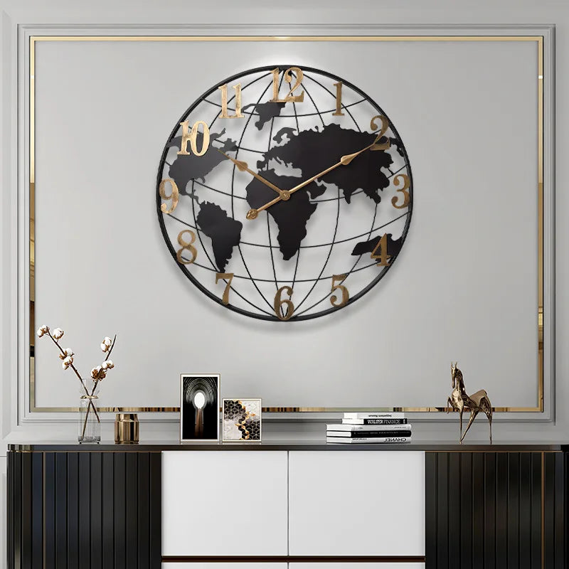 60/75/90cm Large Map Wall Clock Metal Minimalist Clock Round Silent Non-Ticking Battery Operated Wall Clocks for Living Room