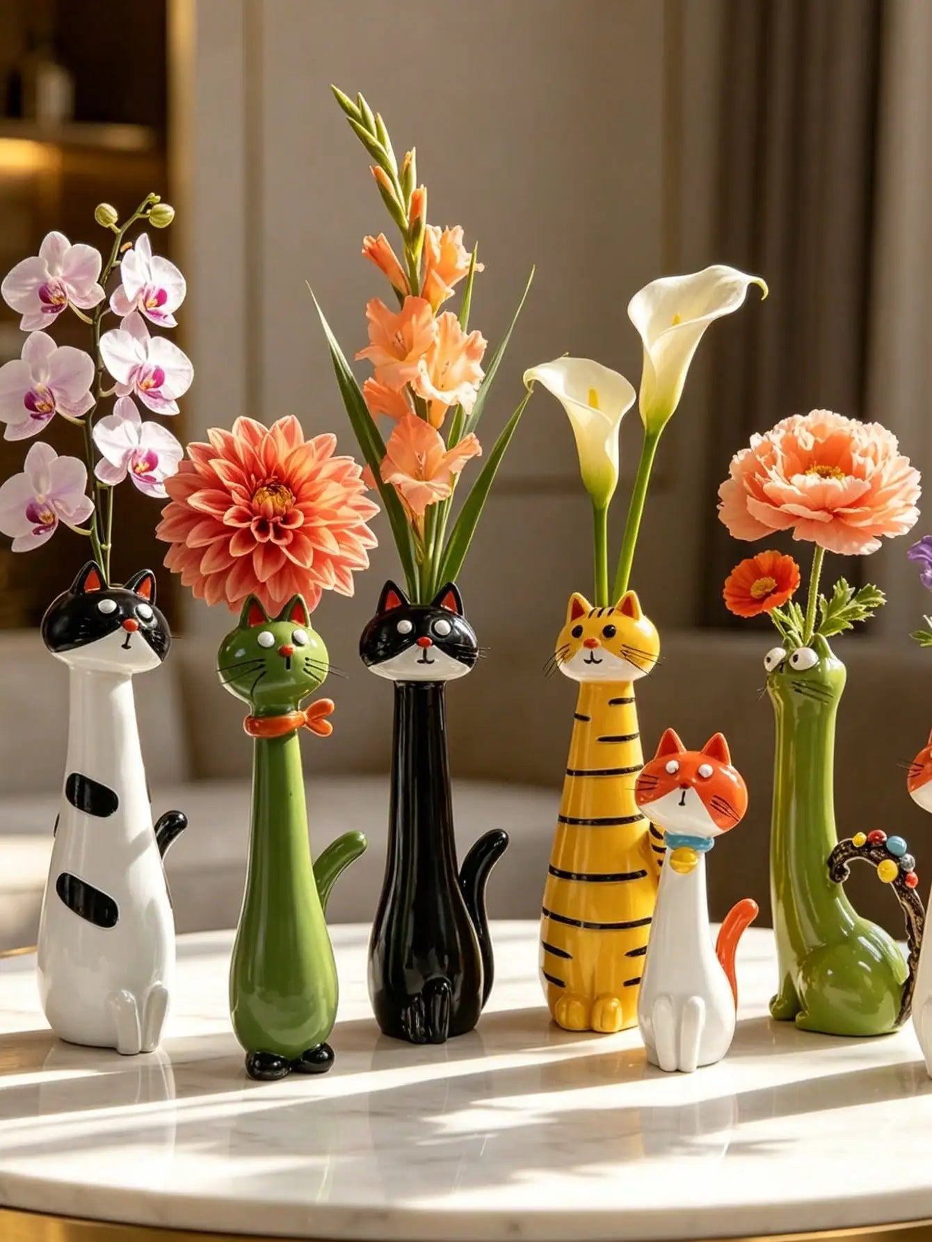 1Pc Healing Cartoon Cat Shaped Resin Vase - Creative Cute Pet Flower Vase, Fun Atmosphere Decor For Living Room & Desktop | Home