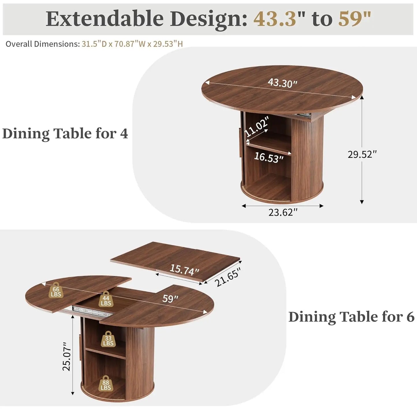 43"-59" Extendable Round to Oval Dining Table with Hidden Storage, Modern Wooden Kitchen Table with Fluted Sliding Door, Custom