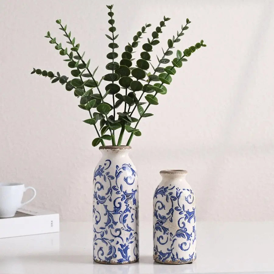 Blue and White Ceramic Vases Home Decor, Farmhouse Vase for Flowers, Flower Vase Set of 2, Rustic Decorative Vases for Pampas Gr