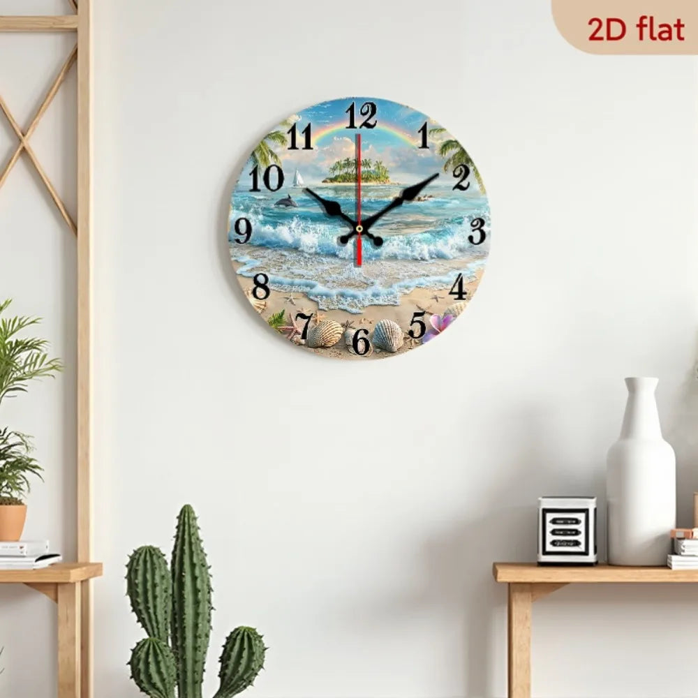 2D Flat 1pc Tropical Beach Ocean Wall Clock with Rainbow, Dolphins, and Seashells Decorative Timepiece Round Wooden Wall Clock 1