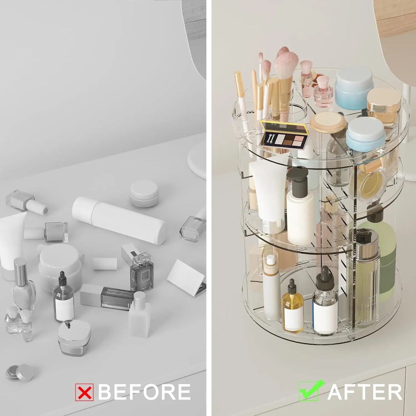 Rotating Makeup Organizer, DIY 8 Adjustable Layers Spinning Skincare Storage, Cosmetic Display Case with Brush Holder and Perfum