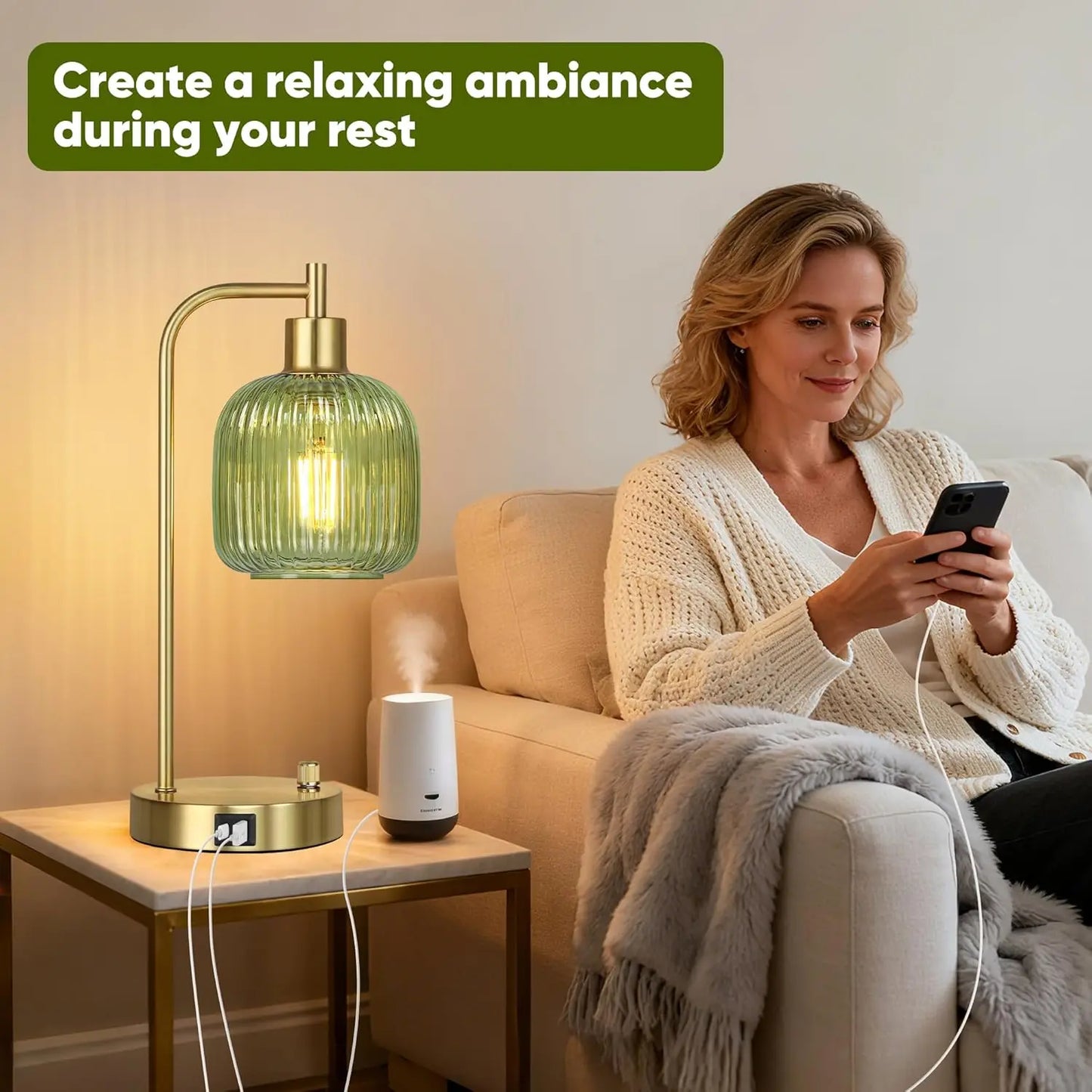 Industrial Table Lamp Set of 2, Green Glass Bedside Lamps with USB A&C Ports, Stepless Dimmable Gold Nightstand Lamps for Living