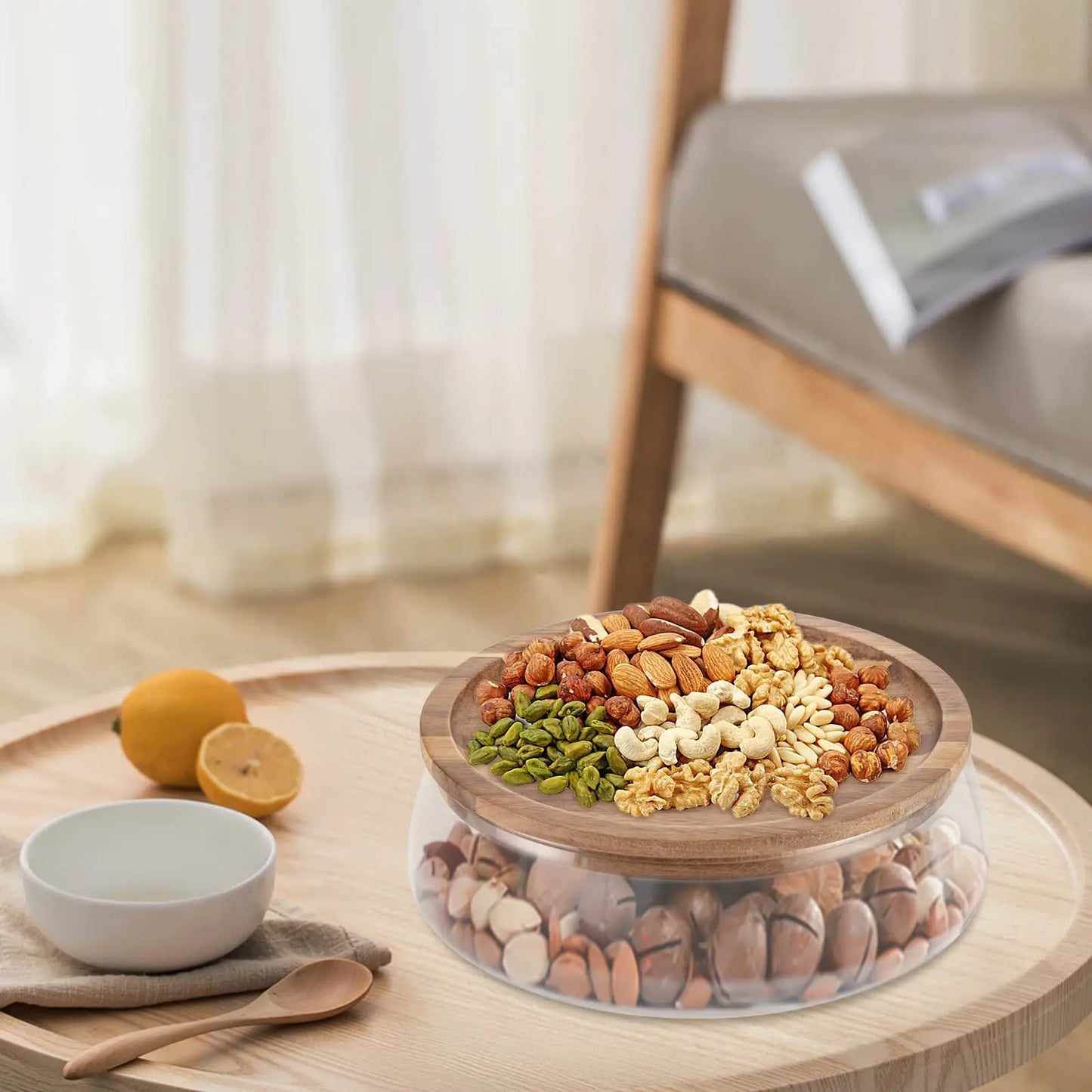 Glass Bowl, Candy and Nuts Serving Container with Wooden Lid, Round Food Storage Platter Round Multifunctional Snack Serving Tra