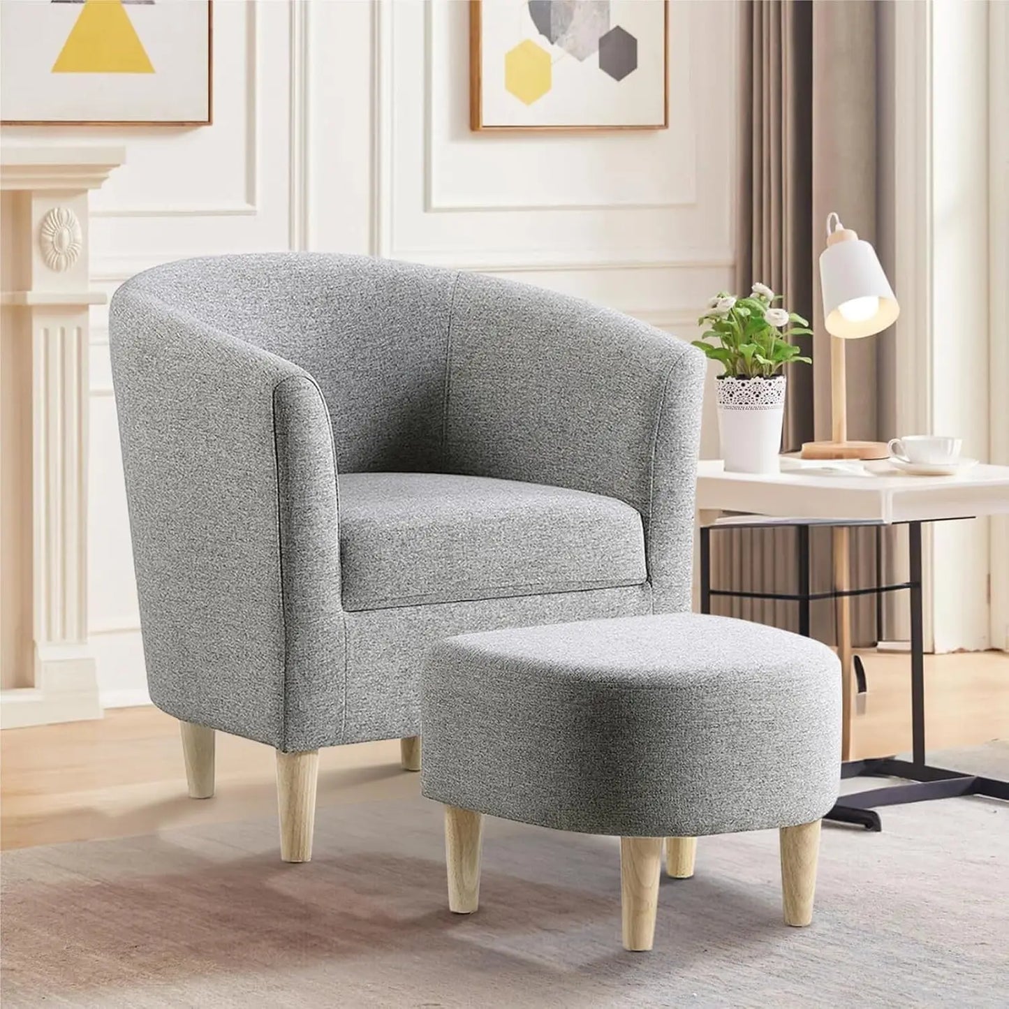 Mid Century Accent Chair & Ottoman Small Barrel Armchair with Footrest for Living Room Bedroom Linen Fabric Wood Legs, Customize