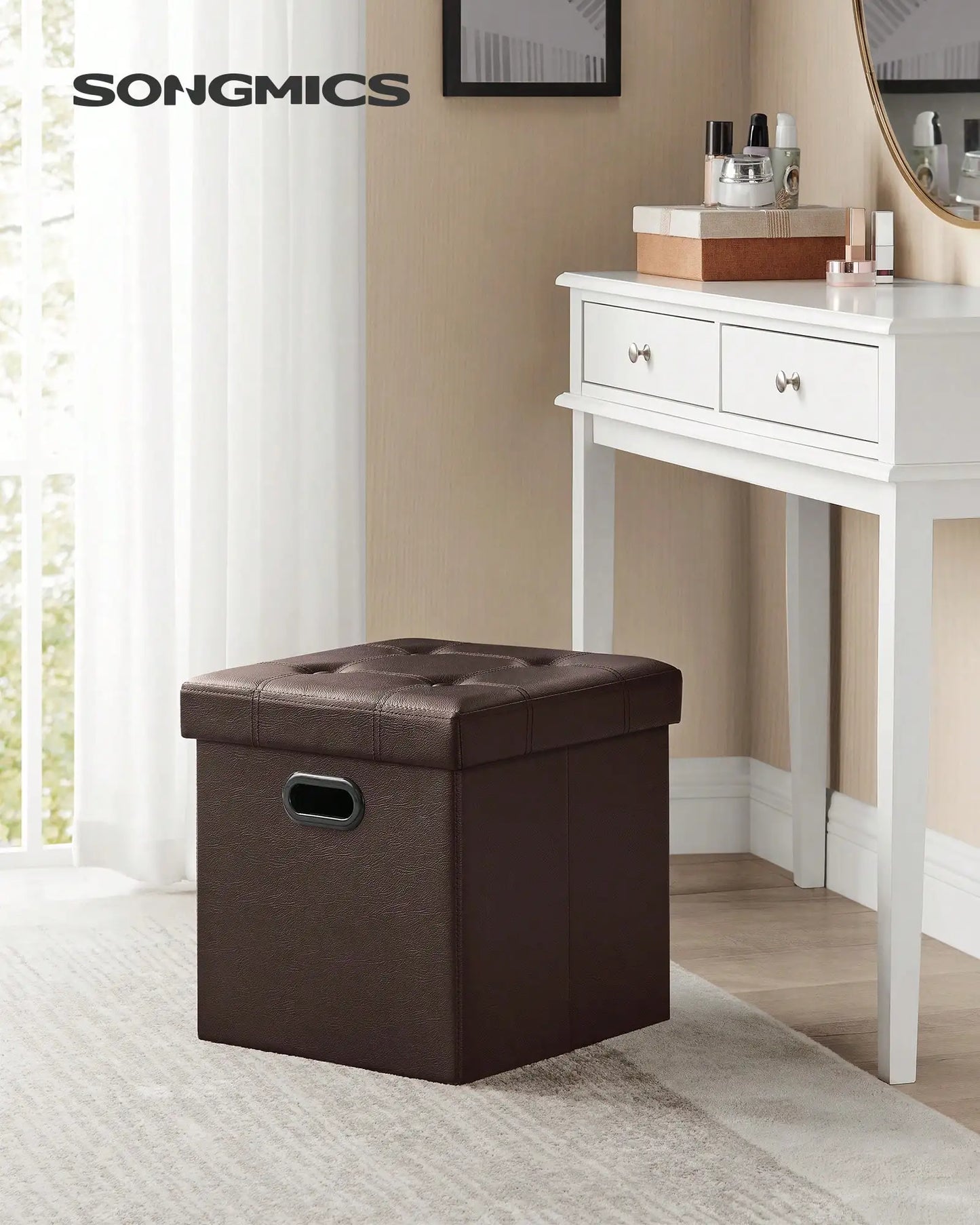 SONGMICS 15 Inches Folding Storage Ottoman, Cube Footrest, Puppy Step, Coffee Table With Hole Handles, Max. Static Load 660 Lb,