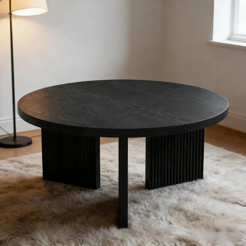 Round Wooden Coffee Table, 35 Thick Top, X-Leg Design, Low Circle Accent Table for Living Room, Office, Black