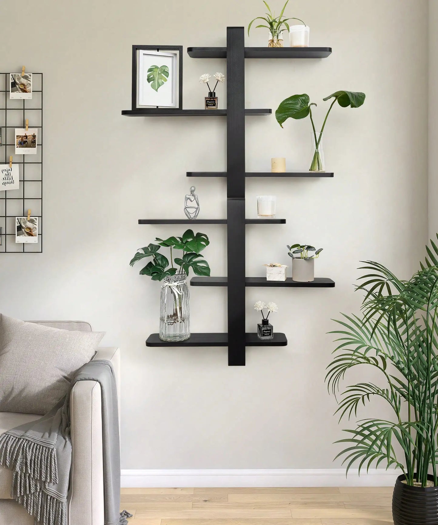 Mid-Century Modern Floating Shelves Set - 3-Tier Walnut Finish Large Wall Shelf, 20in Plant & Photo Display Storage For Living