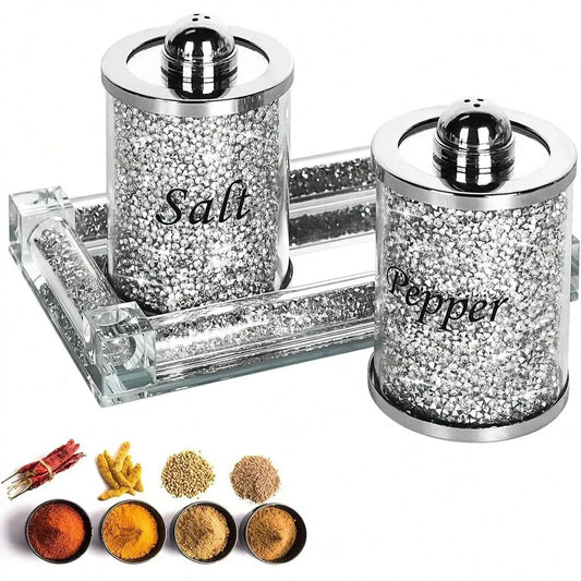Crystal Salt And Pepper Shakers Set With Tray – Sparkly Diamond-Design Glass Jars For Kitchen Countertop, Elegant Bling Seasonin