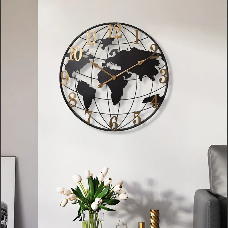 60/75/90cm Large Map Wall Clock Metal Minimalist Clock Round Silent Non-Ticking Battery Operated Wall Clocks for Living Room