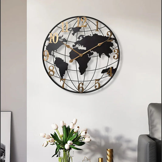 60/75/90cm Large Map Wall Clock Metal Minimalist Clock Round Silent Non-Ticking Battery Operated Wall Clocks for Living Room