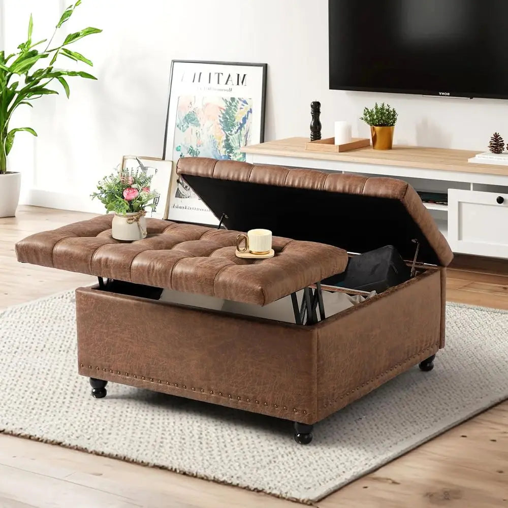 Large 36 Square Ottoman with Storage, Tufted Upholstered Top, Solid Wood Legs, Ideal for Bedroom or Living Room (Brown)