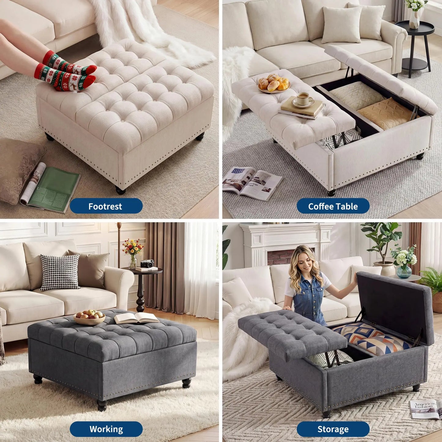 36 Inch Square Lift Top Storage Ottoman, Upholstered Ottoman Bench with 169L Large Hidden Storage Space, Tufted Padded Seat with Wood Legs, Multi-Functional Footrest Coffee Table or Extra Seating, 300LBS Capacity