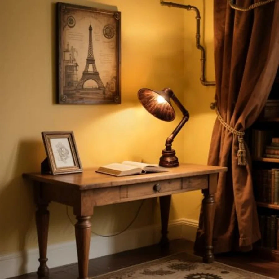 Steampunk Table Lamp Industrial Water Pipe Lamp Retro Iron Piping Desk Lamp Vintage Nightstand Lamps for Bedroom Living Room Ki