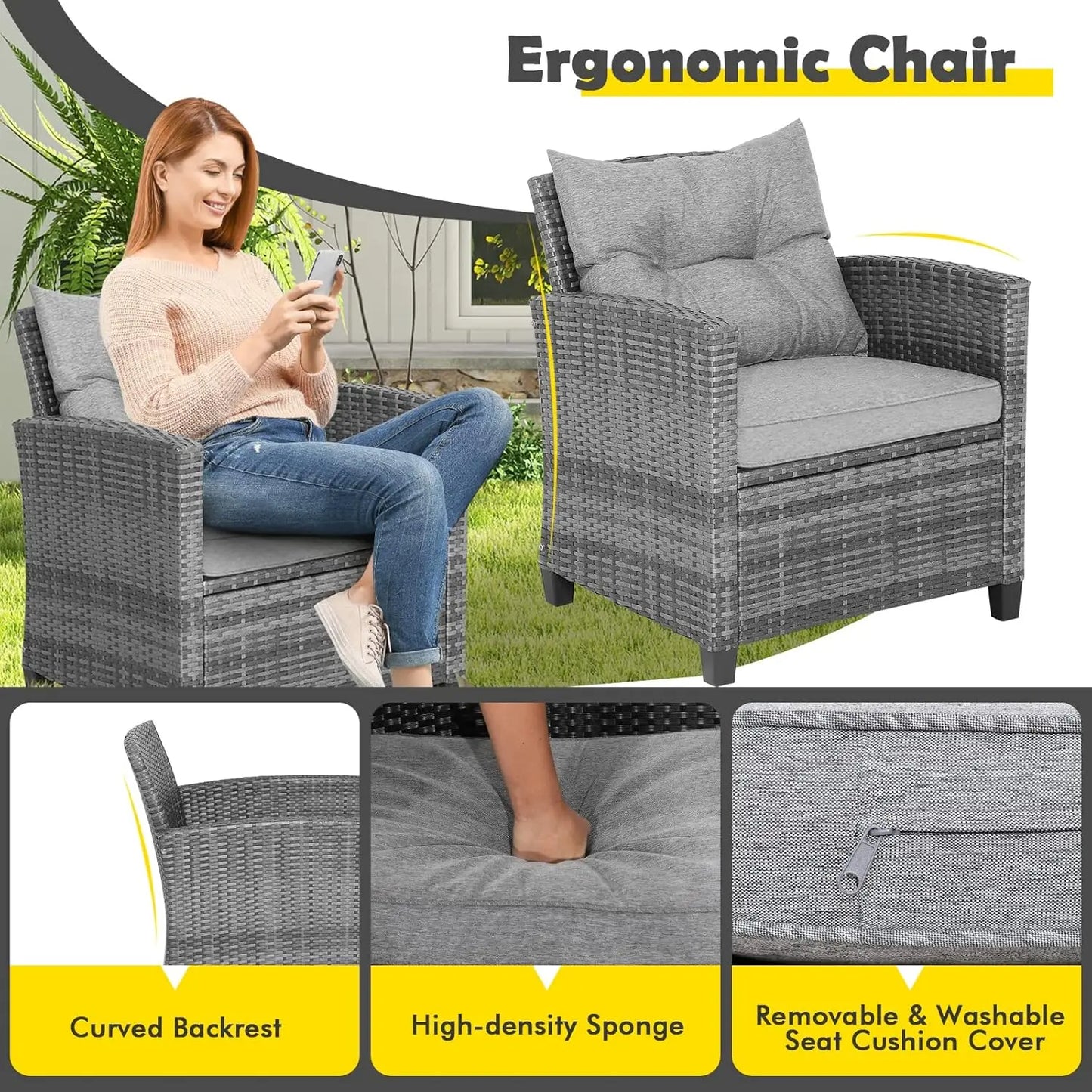 3 Pieces Patio Furniture Set, Outdoor PE Rattan Conversation Chair Set with Tempered Glass Side Table, Customized