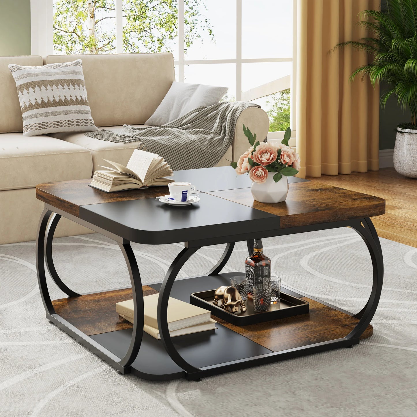 Square Coffee Table with 2 Tiers, 40 inches Low Farmhouse Coffee Table with Wood Storage Shelf Heavy Duty Metal Curve