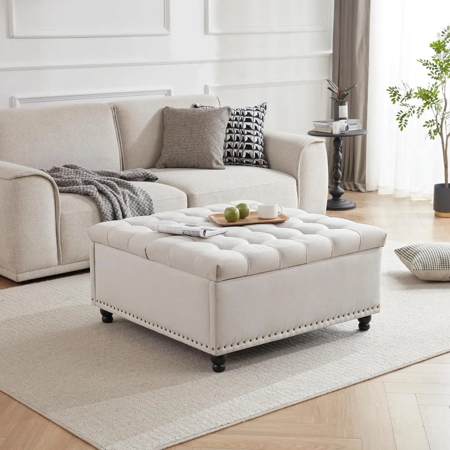 Large Square Storage Ottoman Bench, Tufted Upholstered Coffee Table with Lift Top & Solid Wood Legs, Oversized, Customized
