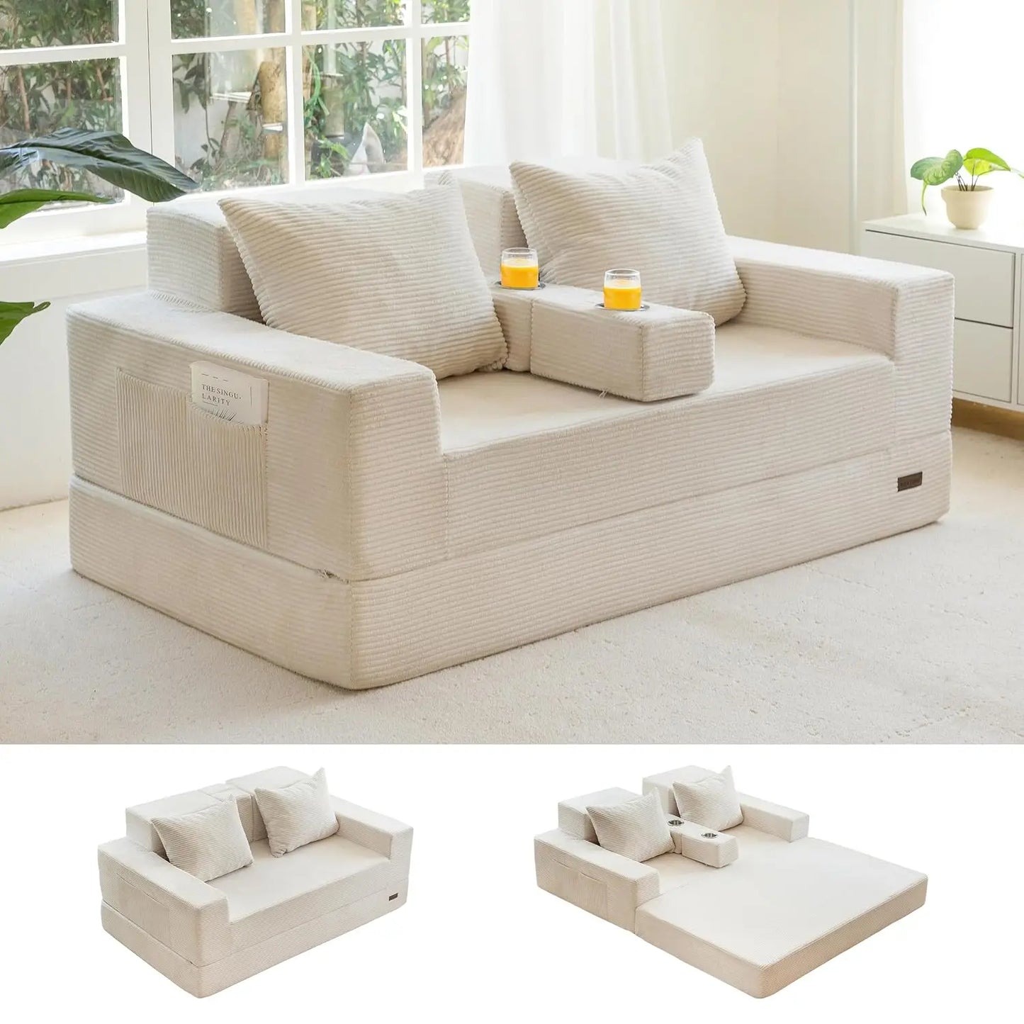 64in Foldable Loveseat Sofa Bed 4-in-1 Recliner Sleeper w 2 Cup Holders Floor Couch Living Room No Assembly Green Customized