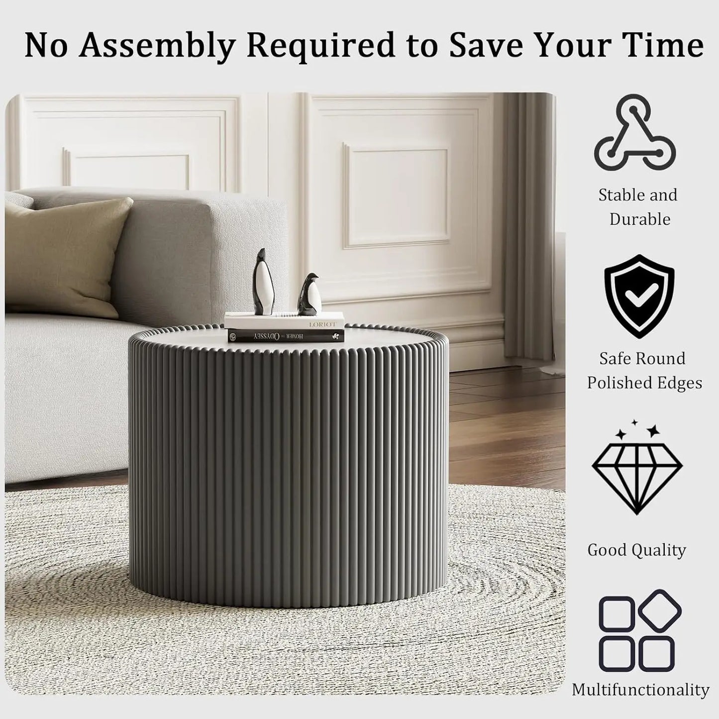 Round Grey 2-Piece Coffee Table Set 29.5in & 17.7in Sintered Stone Top Fluted PU Leather Base Living Room, Customized