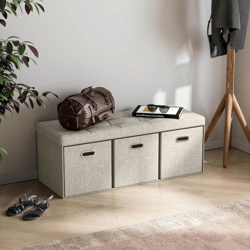 40 Inch Foldable Storage Ottoman Bench with 3 Drawers, Tufted Linen Fabric, Large Foot Rest Stool for Living Room Bedroom