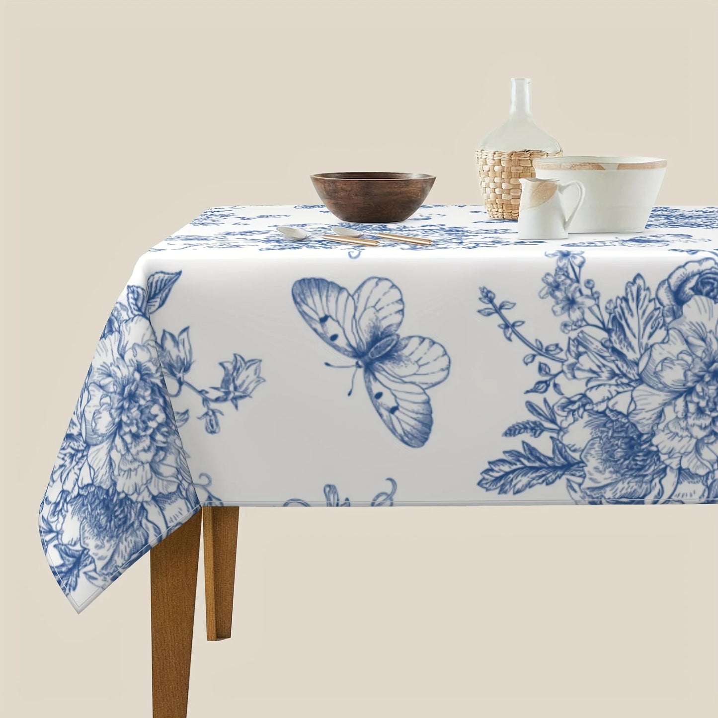 Tablecloth Multi Sizes Farmhouse Blue White Floral Butterfly Print Polyester Fabric Machine Washable Spillproof Dustproof Wrinkle Resistant Rectangular Table Cover for Kitchen Dining Wedding Picnic Party Patio Indoor Outdoor