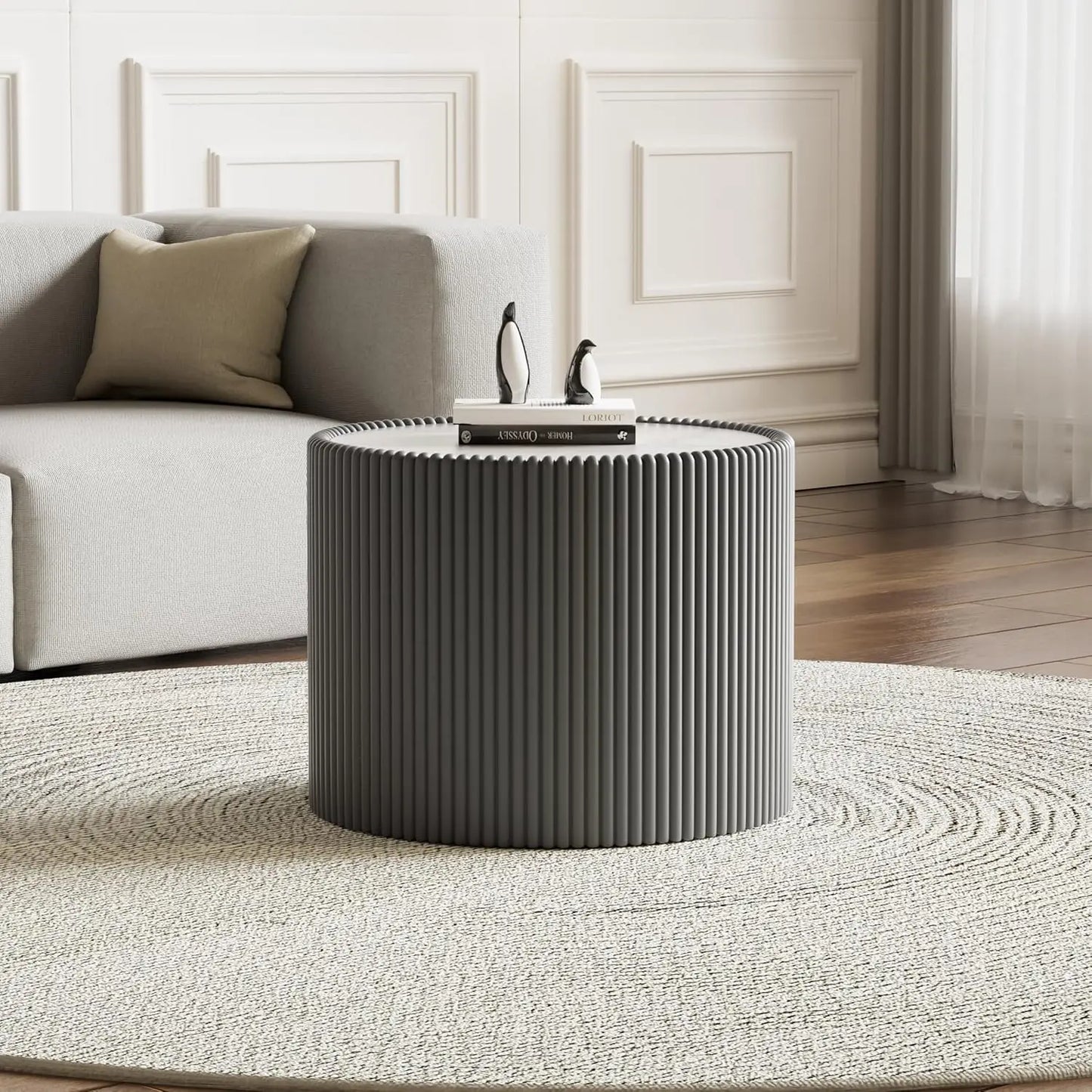 Round Grey 2-Piece Coffee Table Set 29.5in & 17.7in Sintered Stone Top Fluted PU Leather Base Living Room, Customized