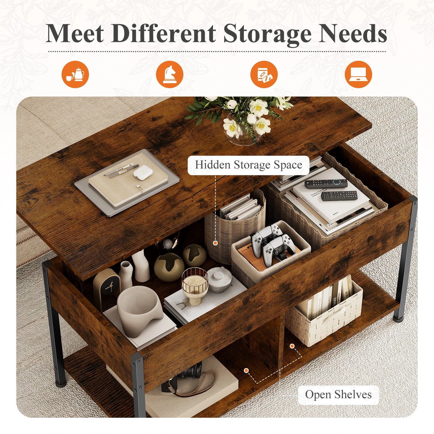 MCQ 39IN Lift Top Coffee Table with Storage For Living Room Wood Adjustable 2 Shelves Easy Lift Or Lower For Tea Dining Tables