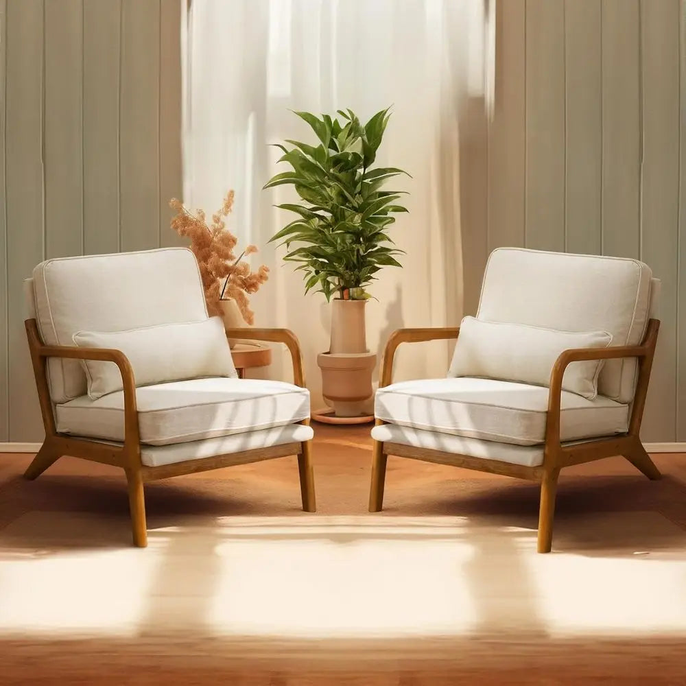 ine Beige Accent Chairs Set o 2, Upholstered Century ern Lounge abric Chairs Reading Chairs Side Sitting Chair Solid Wood armhou