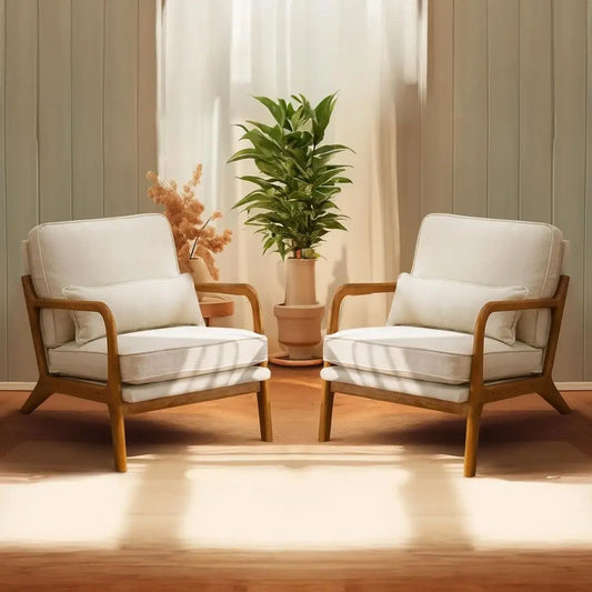 ine Beige Accent Chairs Set o 2, Upholstered Century ern Lounge abric Chairs Reading Chairs Side Sitting Chair Solid Wood armhou