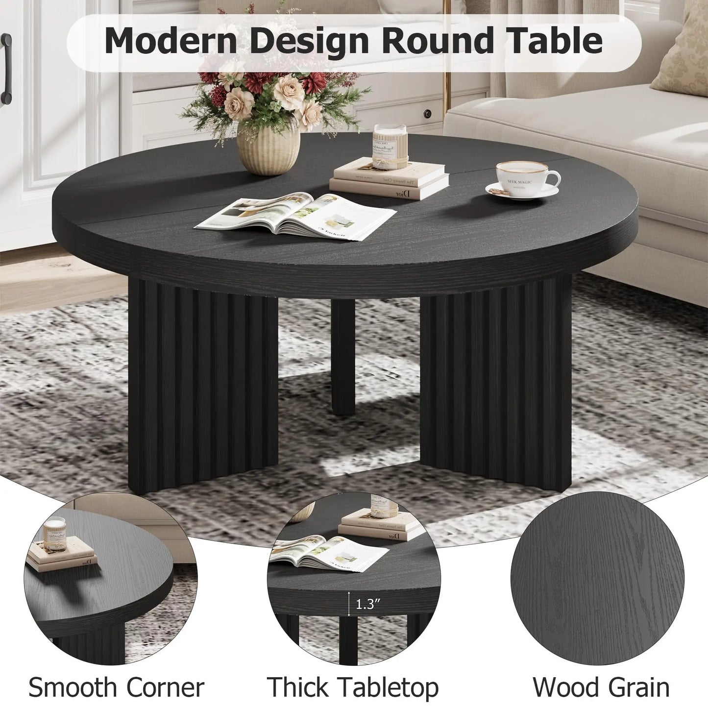 33.5 Inch Round Coffee Table For Living Room, Fluted Leg Circle Center Table With 1.3 Inch Thick Top, Retro Accent Sofa Table For Bedroom