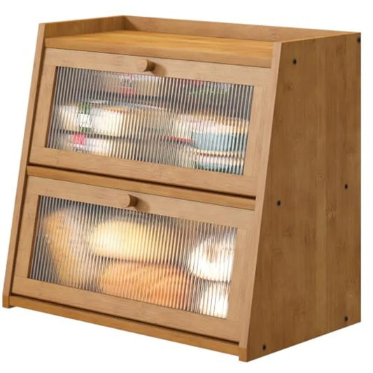 Extra Large Bread Box Double Layer Bread Box for Kitchen Counter Bamboo Wood Large Capacity Bread Storage Bin with Acrylic Wavy