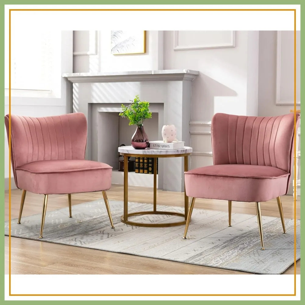 Velvet Accent Chairs Set of 2 Armless Slipper Chair with Golden Legs Mid Century Side Single Sofa for Living Room Bedroom Pink