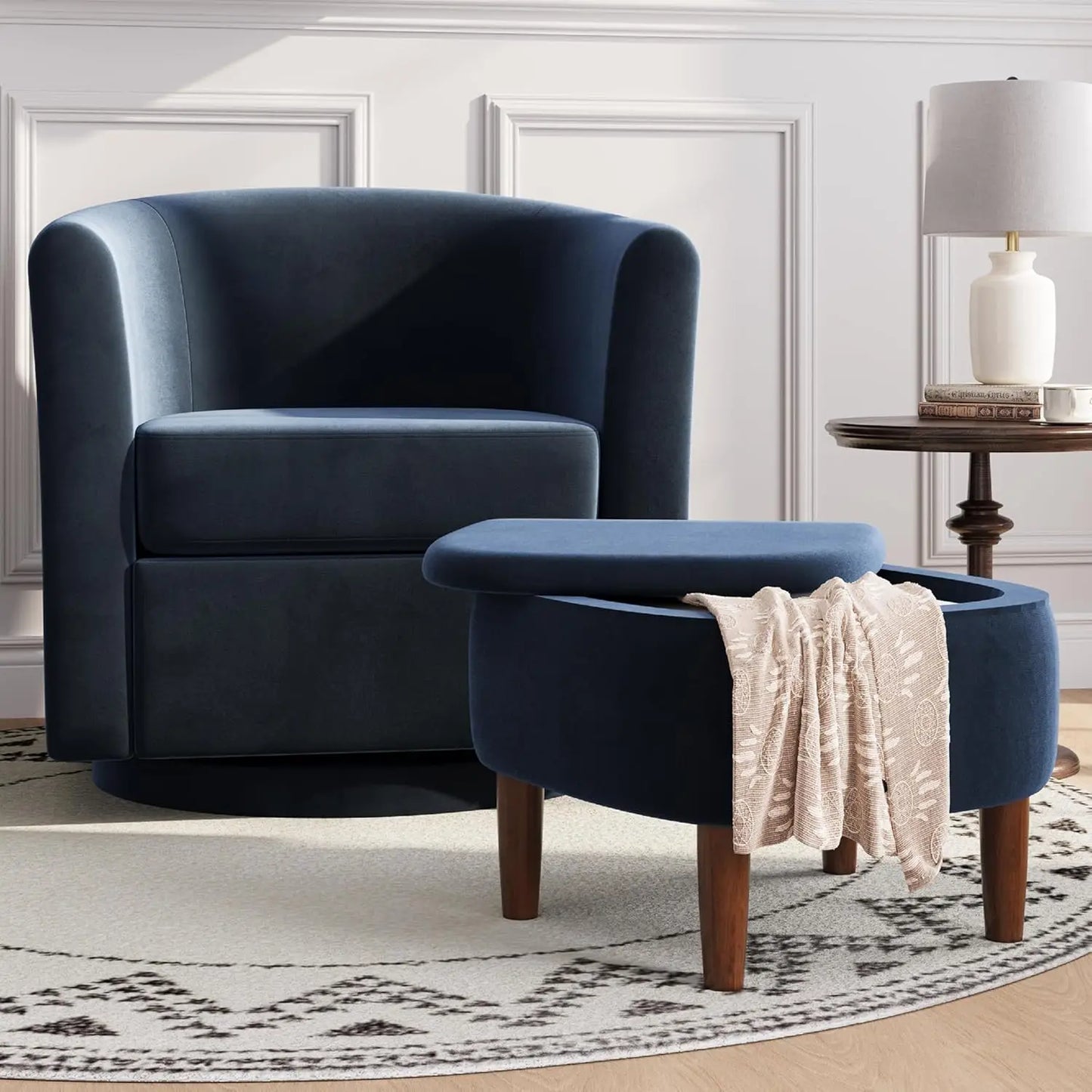 Swivel Accent Chair with Storage Ottoman, Small Modern Velvet Barrel Chair, Upholstered Armchair with Footrest for, Customized