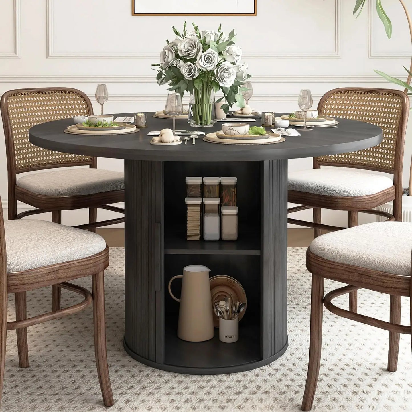 43"-59" Extendable Round to Oval Dining Table with Hidden Storage, Modern Wooden Kitchen Table with Fluted Sliding Door, Custom