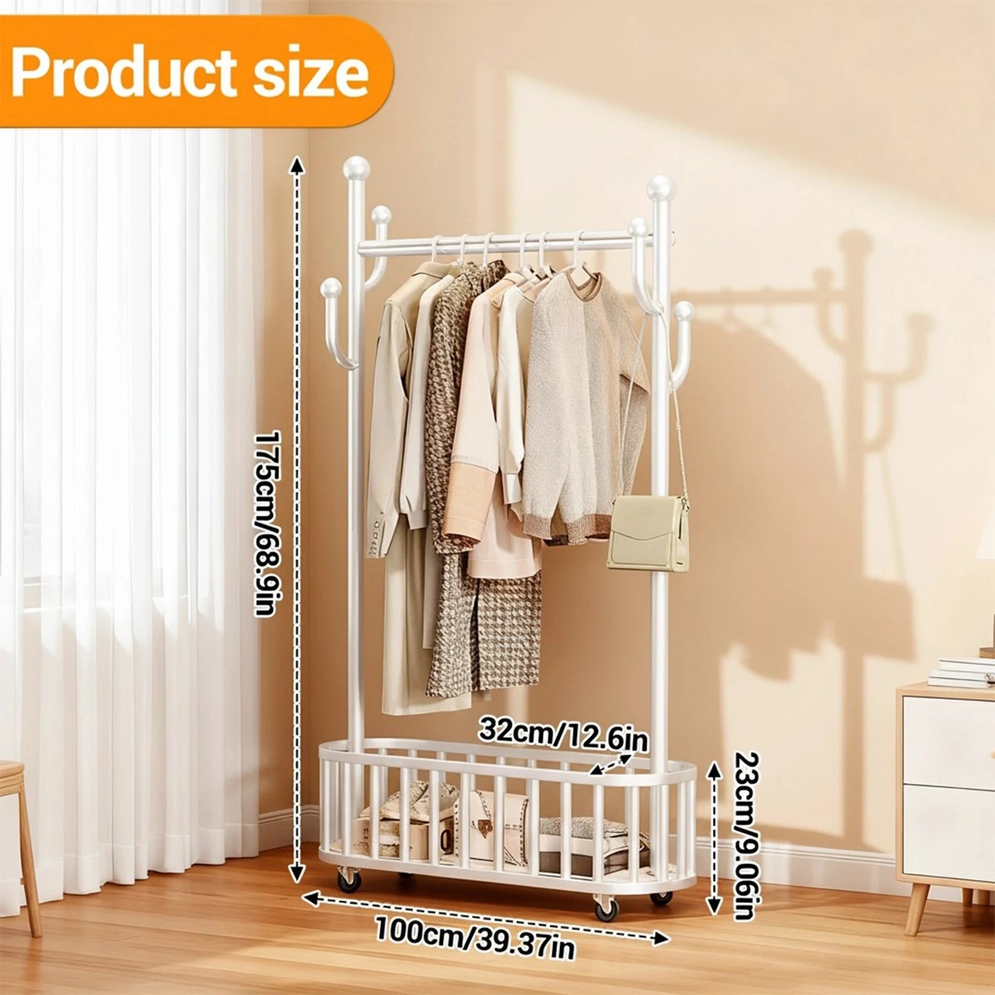 Clothes Rail Movable Clothes Hanging Coat Rack with Storage Basket for Hanging Clothes Coats Dresses for Bedroom Closet Laundry